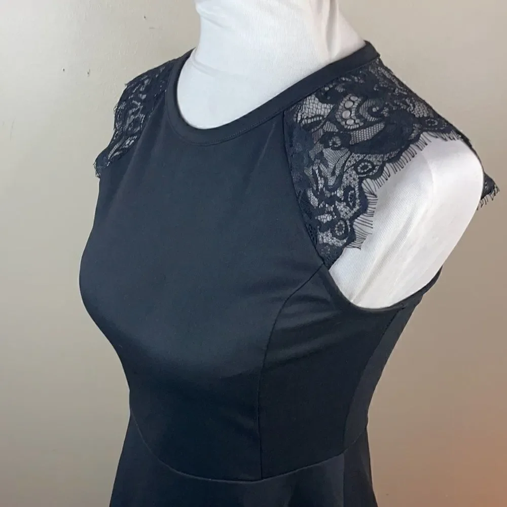 Anthropologie Elodie Fit & Flare Black Dress w/ Lace Floral Sleeves (Small) - Picture 12 of 16